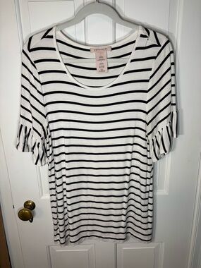 Philosophy Women’s Large Black White Striped Ruffle Sleeve Shirt Top Tee